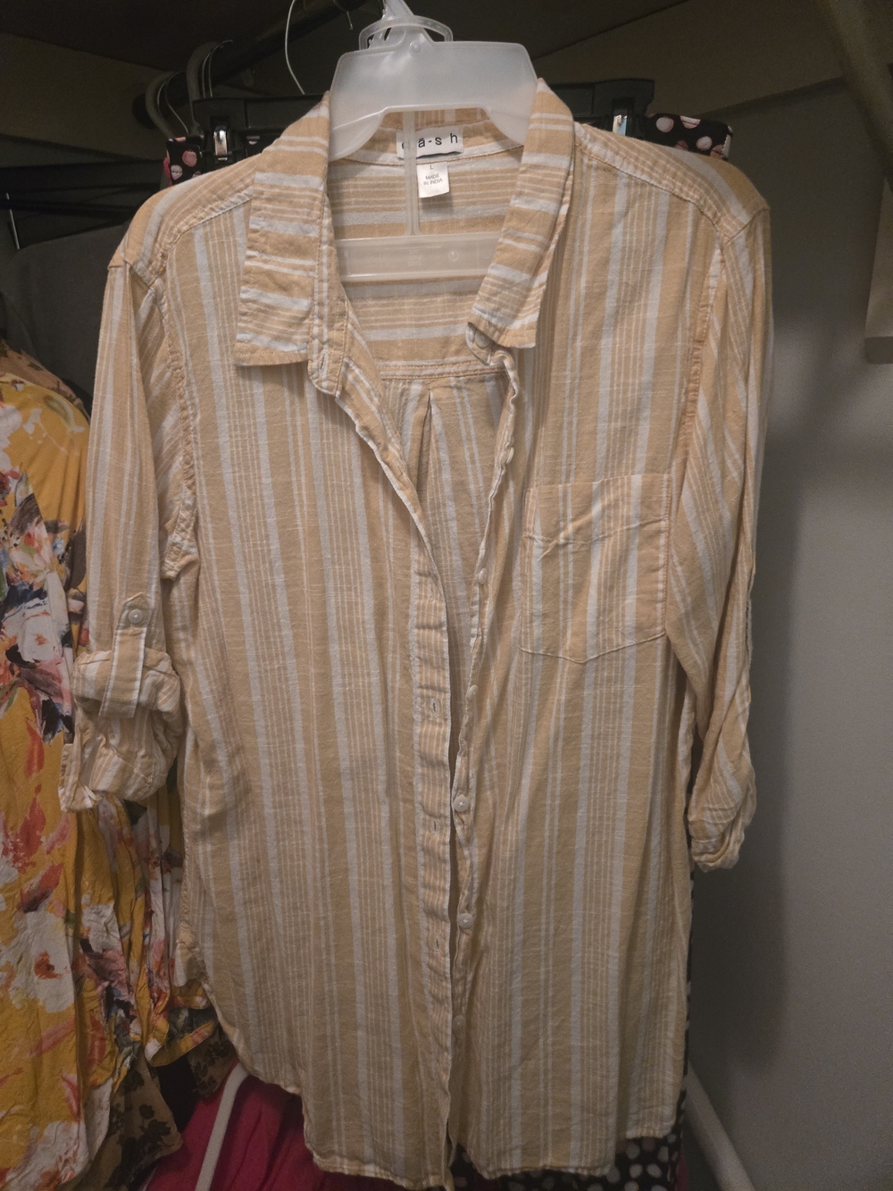 Striped Beige Casual Button-Down Shirt with Chest Pocket